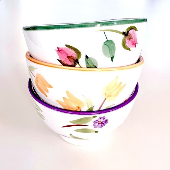 CIC Other - Set of 3 Pedestal Ceramic Floral Cereal, Ice Cream Bowls, Rose, Tulip, Violet.